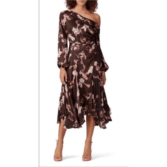 Amur Brown Floral Lorraine Off The One Shoulder Silk Midi Dress Women's Size 6 - Picture 1 of 8